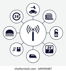 Service icons set. set of 9 service filled icons such as signal tower, comb, do not disturb, iron, car wash, 24 hours, hotel, 24 7 hour