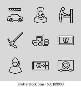 Service icons set. set of 9 service outline icons such as baby changing room, forklift, foot carpet, car wash, case with heart, customer support, gear on display, hammer