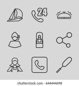 Service icons set. set of 9 service outline icons such as dust brush, maid, share, office supply, call, bell, 24 hours support, sailboat