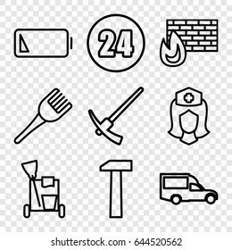 Service icons set. set of 9 service outline icons such as coloring brush, cleaning tools, van, nurse, low battery, hummer, 24 hours, hammer