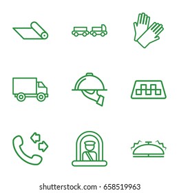 Service icons set. set of 9 service outline icons such as taxi, airport officer, truck with luggage, gloves, call, dish serving, bell, carpet