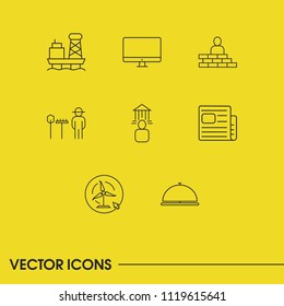 Service icons set with brickwork, banking building and hotel service elements. Set of service icons and internet of things concept. Editable vector elements for logo app UI design.
