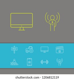 Service icons set with brickwork, digital technology and cinema elements. Set of service icons and iot concept. Editable vector elements for logo app UI design.