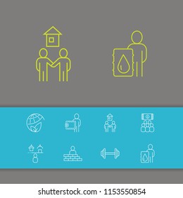 Service icons set with brickwork, environment and petrol barrel elements. Set of service icons and entertainment concept. Editable vector elements for logo app UI design.