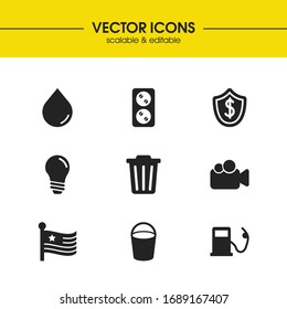 Service icons set with bucket, bank service and can elements. Set of service icons and insurance concept. Editable vector elements for logo app UI design.