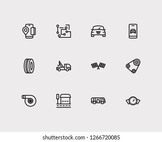 Service icons set. Bus stop and service icons with car tyre, car logo and car part. Set of model for web app logo UI design.
