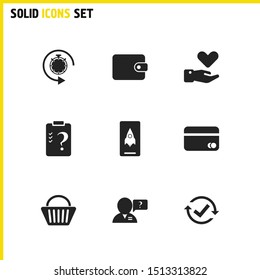 Service icons set with checkbox reset, purse and timer reset elements. Set of service icons and market concept. Editable vector elements for logo app UI design