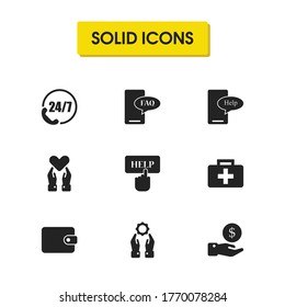 Iconos de servicio configurados con ayuda de clic, faq móvil, mano con elementos de engranaje. Conjunto de iconos de servicio y concepto de conversación. Elementos vectoriales editables para el diseño de la interfaz de usuario de la aplicación del logotipo.