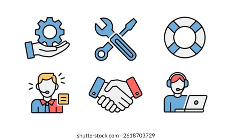 Service Icons Set: A collection of essential service icons, from customer support to technical assistance. Depicting the essence of reliability and professional support, the set includes gears.