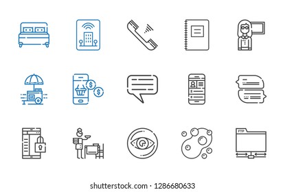 service icons set. Collection of service with ftp, sponge, vision, setting the table, smartphone, chat, mobile phone, food stall, guide, notebook. Editable and scalable service icons.