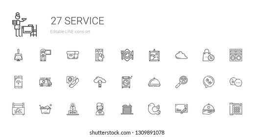 service icons set. Collection of service with postcard, pigeon, warehouse, customer service, user experience, washing, toolbox, product, dinner. Editable and scalable icons.