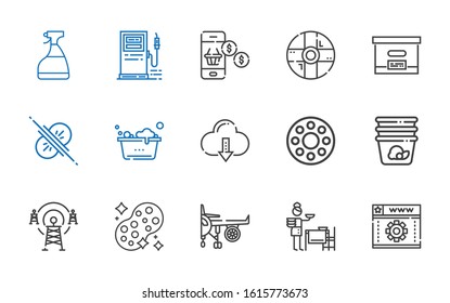 service icons set. Collection of service with web development, setting the table, engine, sponge, antenna, container, rolling wheel, cloud computing. Editable and scalable service icons.