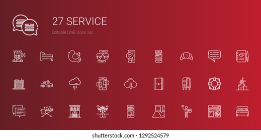 service icons set. Collection of service with worker, fuel, mobile phone, runway, hotel, ironing, chat, letterbox, notebook, cloud computing. Editable and scalable service icons.
