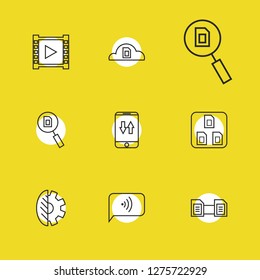 Service icons set with communication, data analytics and mobile traffic elements. Set of service icons and files exchange concept. Editable vector elements for logo app UI design.