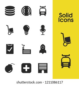 Service icons set with delivery, database and microphone elements. Set of service icons and string concept. Editable vector elements for logo app UI design.