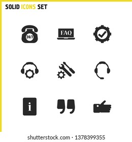 Service icons set with faq notebook, headphone with gear and end of quote elements. Set of service icons and equipment concept. Editable vector elements for logo app UI design.