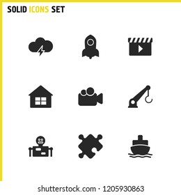 Service icons set with film, crane and integration elements. Set of service icons and ship concept. Editable vector elements for logo app UI design.