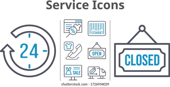 service icons set. included online shop, 24-hours, phone call, closed, delivery truck, barcode, open icons. bicolor styles.