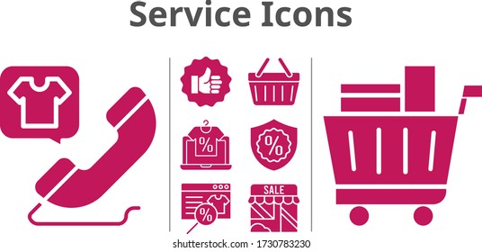 service icons set. included online shop, shop, like, shopping cart, phone call, warranty, shopping-basket icons. filled styles.