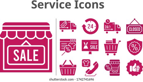 service icons set. included online shop, 24-hours, shop, like, shopping cart, phone call, closed, warranty, shopping-basket, delivery truck icons. filled styles.