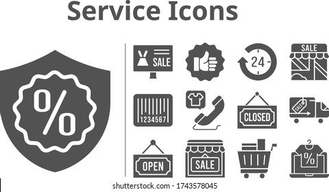 service icons set. included online shop, 24-hours, shop, like, shopping cart, warranty, phone call, closed, delivery truck, barcode, open icons. filled styles.