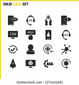 Service icons set with magic wand, manager world, rocket elements. Set of service icons and conversation concept. Editable vector elements for logo app UI design.