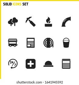 Service icons set with mine, caravan and pipe elements. Set of service icons and bell concept. Editable vector elements for logo app UI design.