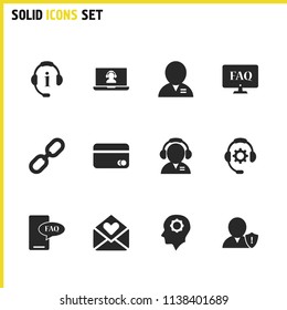 Service icons set with mobile faq, operator tool and link elements. Set of service icons and information concept. Editable vector elements for logo app UI design.