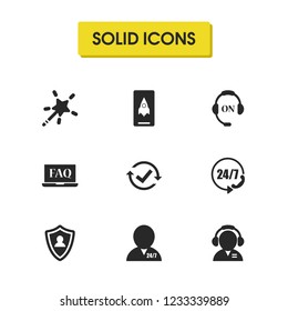 Service icons set with operator on, faq notebook and checkbox reset elements. Set of service icons and help desk concept. Editable vector elements for logo app UI design.