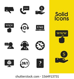 Service icons set with operator tool, click to www and speed phone elements. Set of service icons and gadget concept. Editable vector elements for logo app UI design.