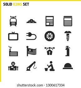 Service icons set with screw, safety and tv elements. Set of service icons and bolt nut concept. Editable vector elements for logo app UI design.