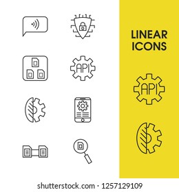 Service icons set with software api, bio technology and mobile application elements. Set of service icons and files exchange concept. Editable vector elements for logo app UI design.