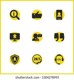 Service icons set with support for monitor, manager for help and operator on elements. Set of service icons and assistance concept. Editable vector elements for logo app UI design.