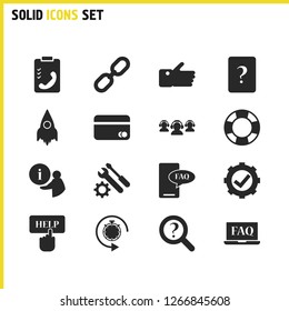 Service icons set with timer reset, like and faq notebook elements. Set of service icons and question concept. Editable vector elements for logo app UI design.