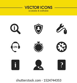 Service icons set with tool help, document support and loupe helper elements. Set of service icons and hour concept. Editable vector elements for logo app UI design