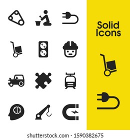 Service icons set with trolley, crane and belt elements. Set of service icons and lifting machine concept. Editable vector elements for logo app UI design.