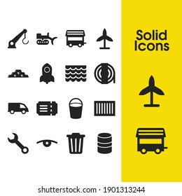 Service icons set with windmill, bucket and container elements. Set of service icons and gold stock concept. Editable vector elements for logo app UI design.