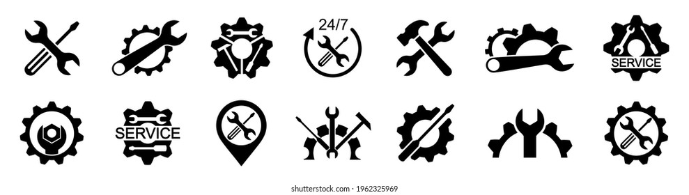 Service icons set. Wrench, hammer, screwdriver and gear icon. Auto logo services. Service sign, settings and repair - vector