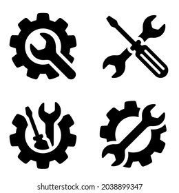 Service icons set. Wrench, screwdriver and gear icon. Screwdriver and wrench glyph icon. Settings and repair, service sign - stock vector.