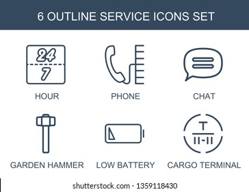 service icons. Trendy 6 service icons. Contain icons such as hour, phone, chat, garden hammer, low battery, cargo terminal. service icon for web and mobile.