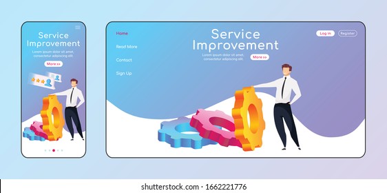 Service improvement adaptive landing page flat color vector template. High rating mobile and PC homepage layout. Man reclining to gear one page website UI. CRM software webpage cross platform design
