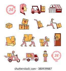 Service Industry including Delivery, Moving, Transportation and Logistic signs set. Thin line art icons. Flat style illustrations isolated.