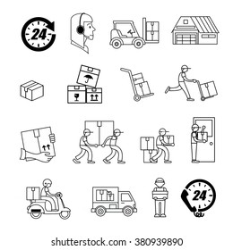 Service Industry including Delivery, Moving, Transportation and Logistic signs set. Thin line art icons on black and white. Flat style illustrations isolated.