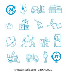 Service Industry including Delivery, Moving, Transportation and Logistic signs set. Thin line art icons on blue. Flat style illustrations isolated.