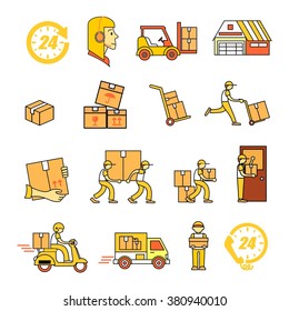 Service Industry including Delivery, Moving, Transportation and Logistic signs set. Thin line art icons. Flat style illustrations isolated.