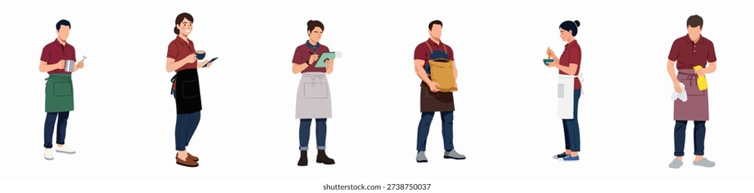 Работники сферы услуг, в числе которых баристы, официанты и сотрудники кафе, выполняющие различные задачи, такие как приготовление кофе, приём заказов, уборка и обработка ингредиентов.