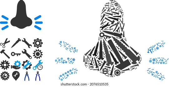 Service infected nose composition of service tools. Vector infected nose is designed of gears, wrenches, and other tools, and based on infected nose icon. Concept of tuning job.