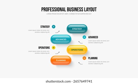 Service Innovation 4 Option Diagram Presentation Layout. Sales Plan Slide Template Vector Illustration. Market Overview Four Step Infographic Frame Design.