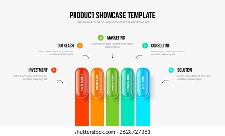 Service Innovation Five Option Diagram Frame Layout. Financial Development 5 Element Infographic Presentation Design. Marketing Review Slideshow Template Vector Illustration.