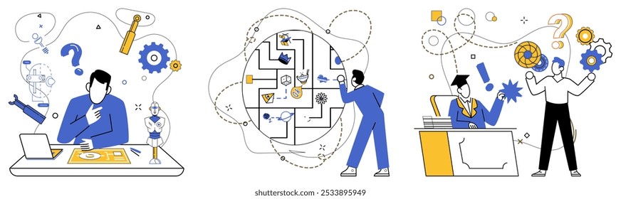 Service innovation vector illustration. Breakthroughs are keys unlocking doors to new horizons in business exploration Original concepts are paintbrushes coloring canvas successful service innovations